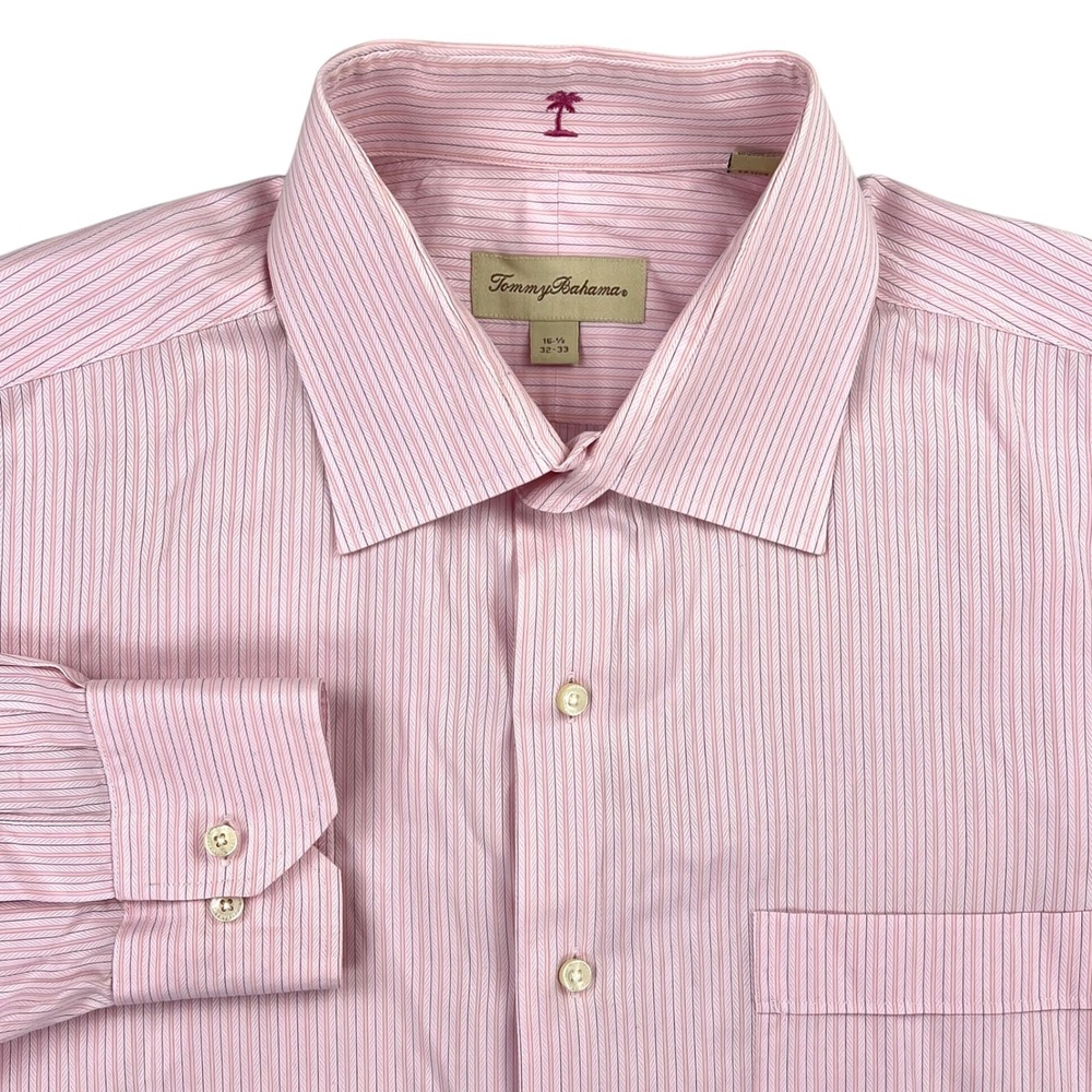 Tommy Bahama Dress Shirt Men's LARGE 16.5 32-33 Pink Striped Long‎ Sleeve